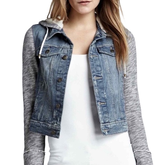 Free People Jean Jacket Womens Size Small Distressed Cropped Blue Gray Knit Slv - Picture 10 of 11